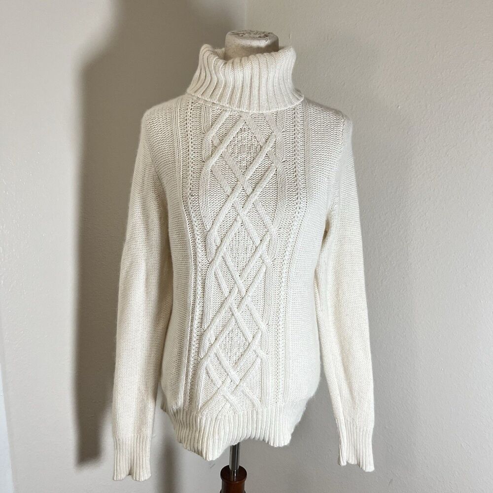 JCrew Womens Cambridge Cable Turtleneck Wool Blend Sweater Ivory Sz L